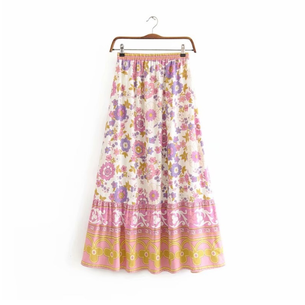 Boho Pink gypsy floral print  ruffle hem Maxi skirt - Picture 5 of 5